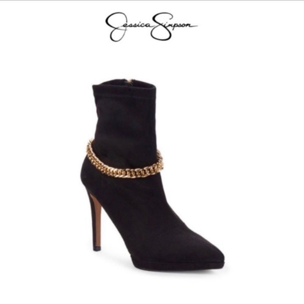 JESSICA SIMPSON Black Valy  Gold Chain High Heel Booties NWT